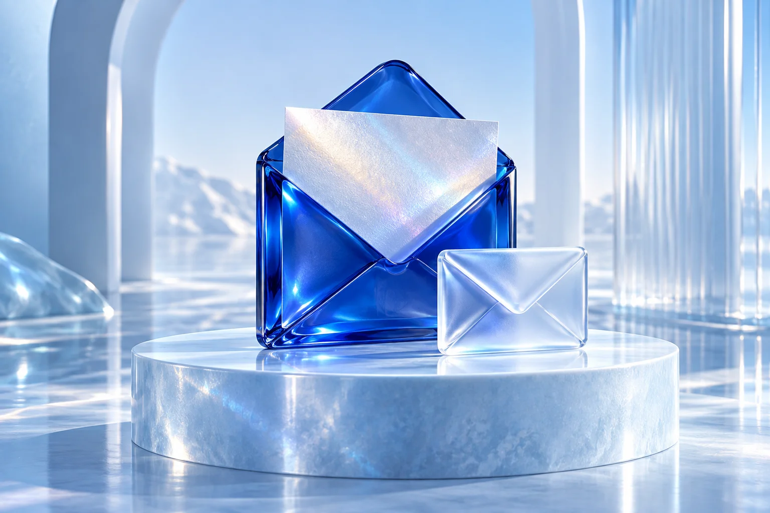 Cobalt glass envelopes on an icy blue podium