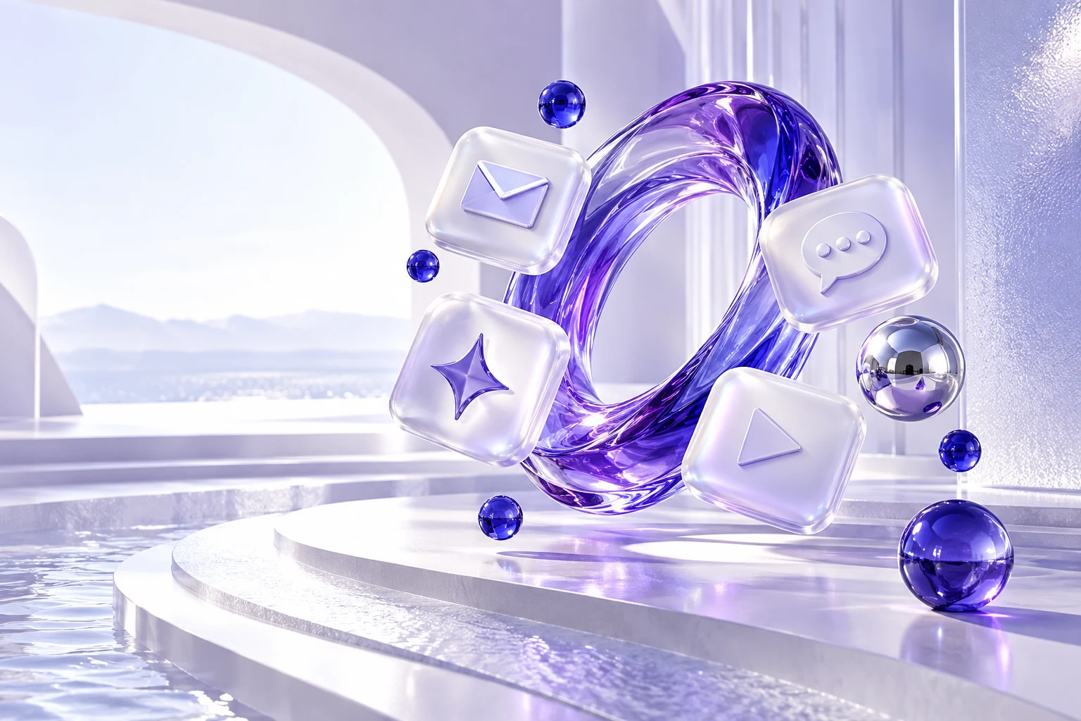 Sculptural violet glass portal surrounded by floating digital communication symbols